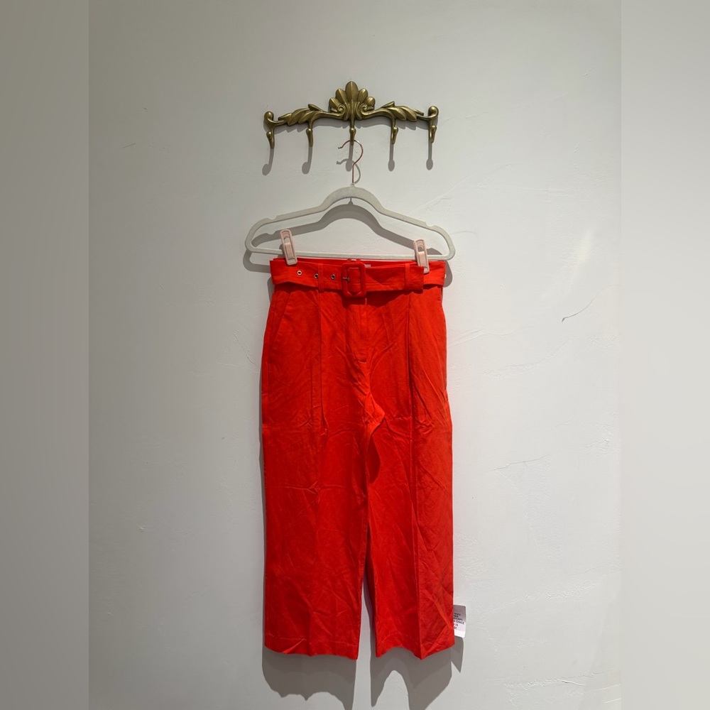 NWT ASOS DESIGN Petite tailored belted linen look pants in bright coral red